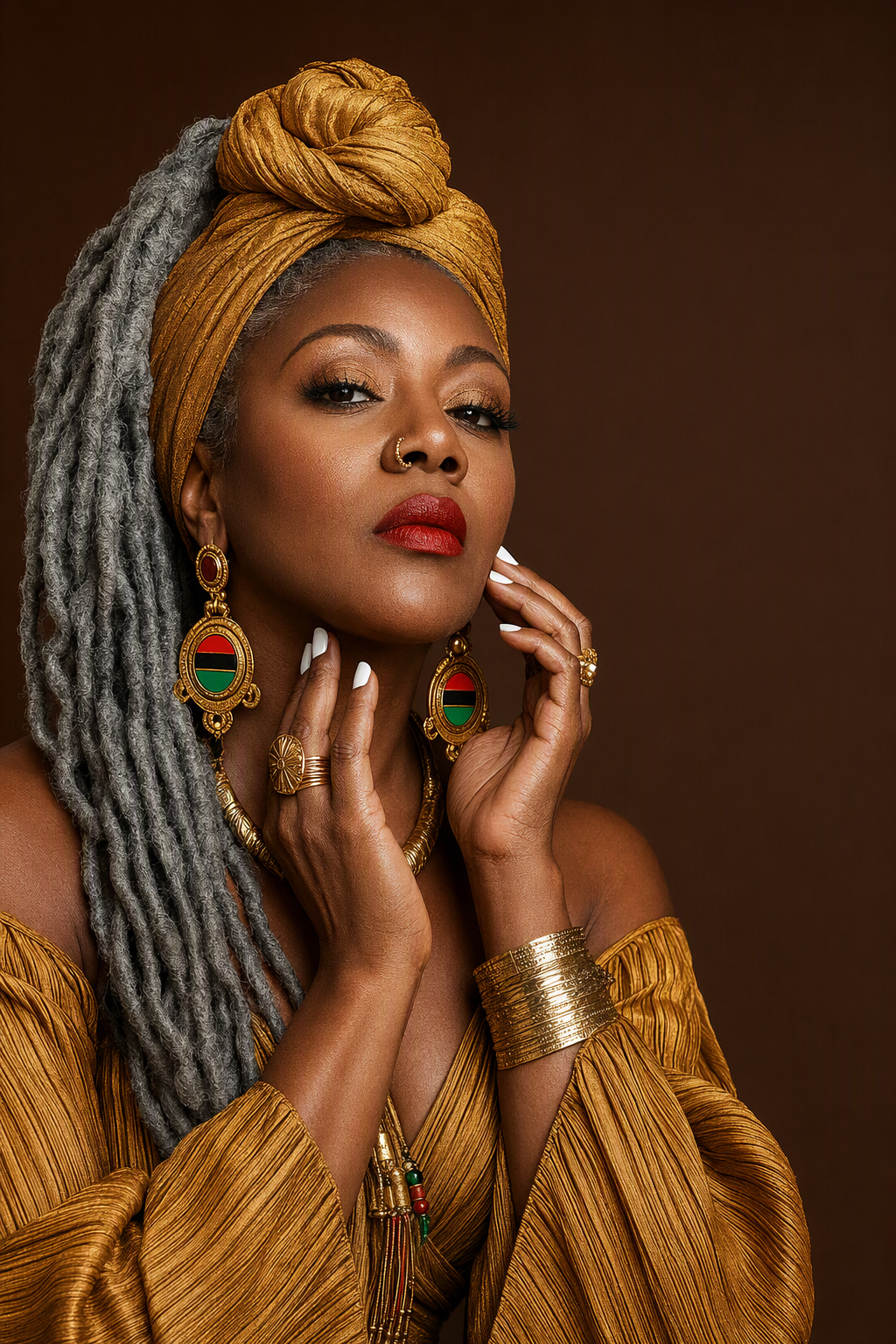 Portrait of a woman in a gold headwrap and statement earrings